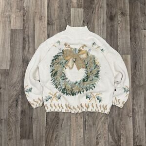 Vintage Christmas Wreath hand knit embellished intarsia mock neck sweater